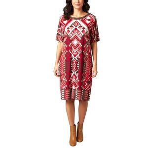 Chico's Beaded Sequin Slit Sleeve Aztec Shift Dress 1 Medium